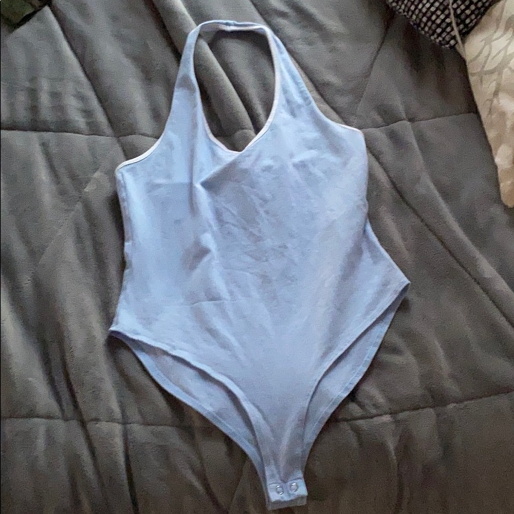 Baby blue and white halter body suit